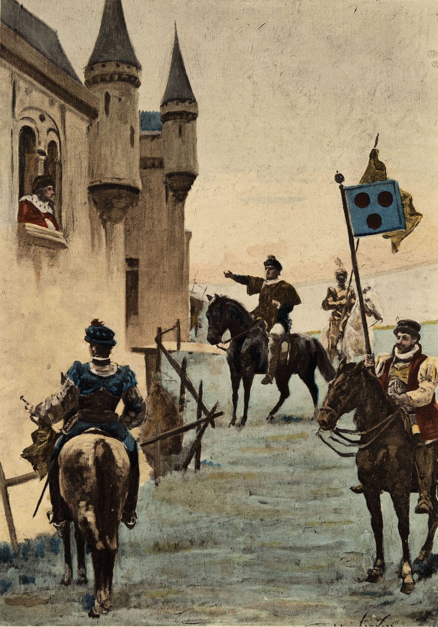 Ulrich Gallet, udsendt af Grandgousier, Gargantuas far, beder om at tale med Picrochole, kongen af Lerne. Gargantua. Illustration af Jules Garnier. I "Rabelais et l