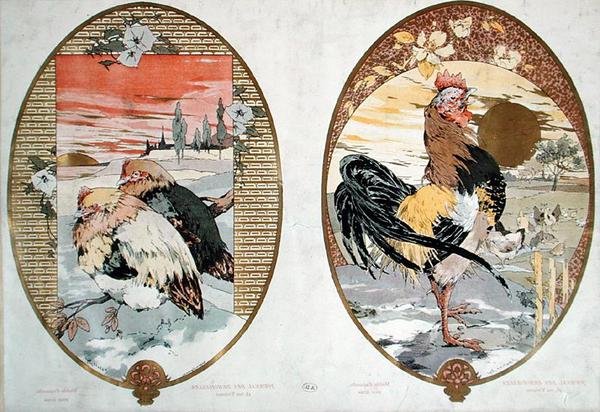 Hane og høns, design til en skærm, ca. 1900 (farve litho) af Jules-Auguste Habert-Dys