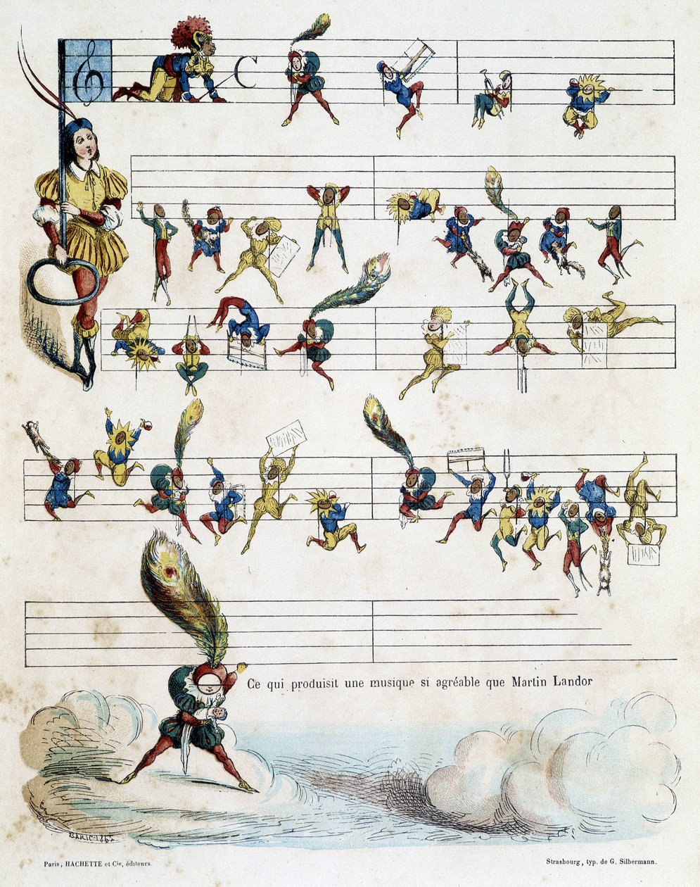 Noder af musik på et partitur, tegning af Baric fra 1862 for at illustrere Kroknotskis børnebog, der fortæller historien om Martin Landor. af Jules Baric