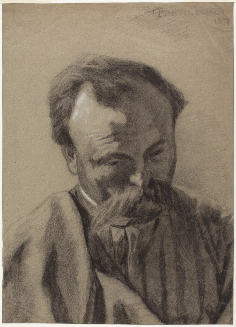 Selvportræt, ca. 1877 (sort kridt forstærket med hvidt kridt, på gråt lagenpapir) af Jules Bastien Lepage