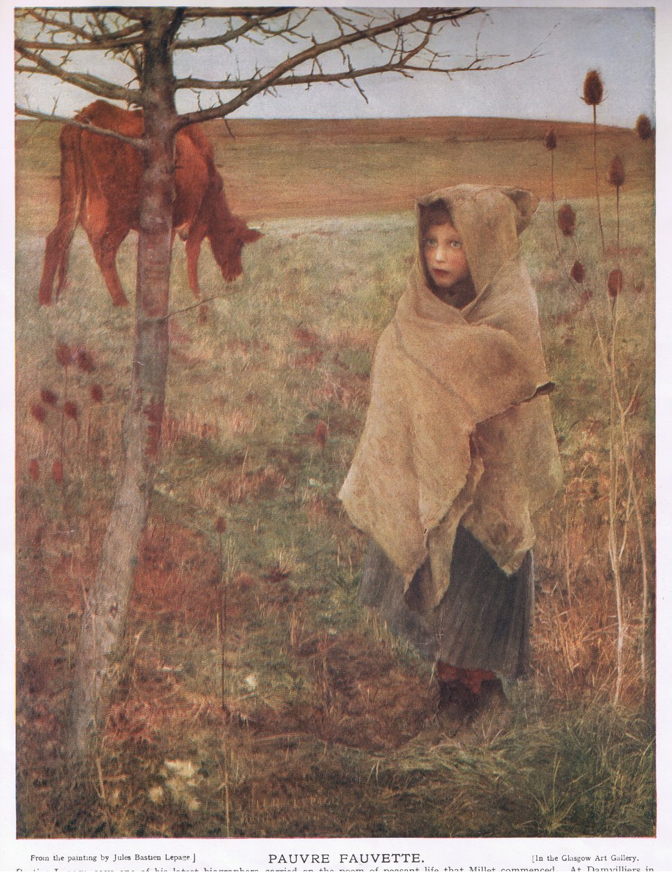 Frankrig, lille; pige; Fauvette; ko; landdistrikterne; fattige; tøj af Jules Bastien Lepage