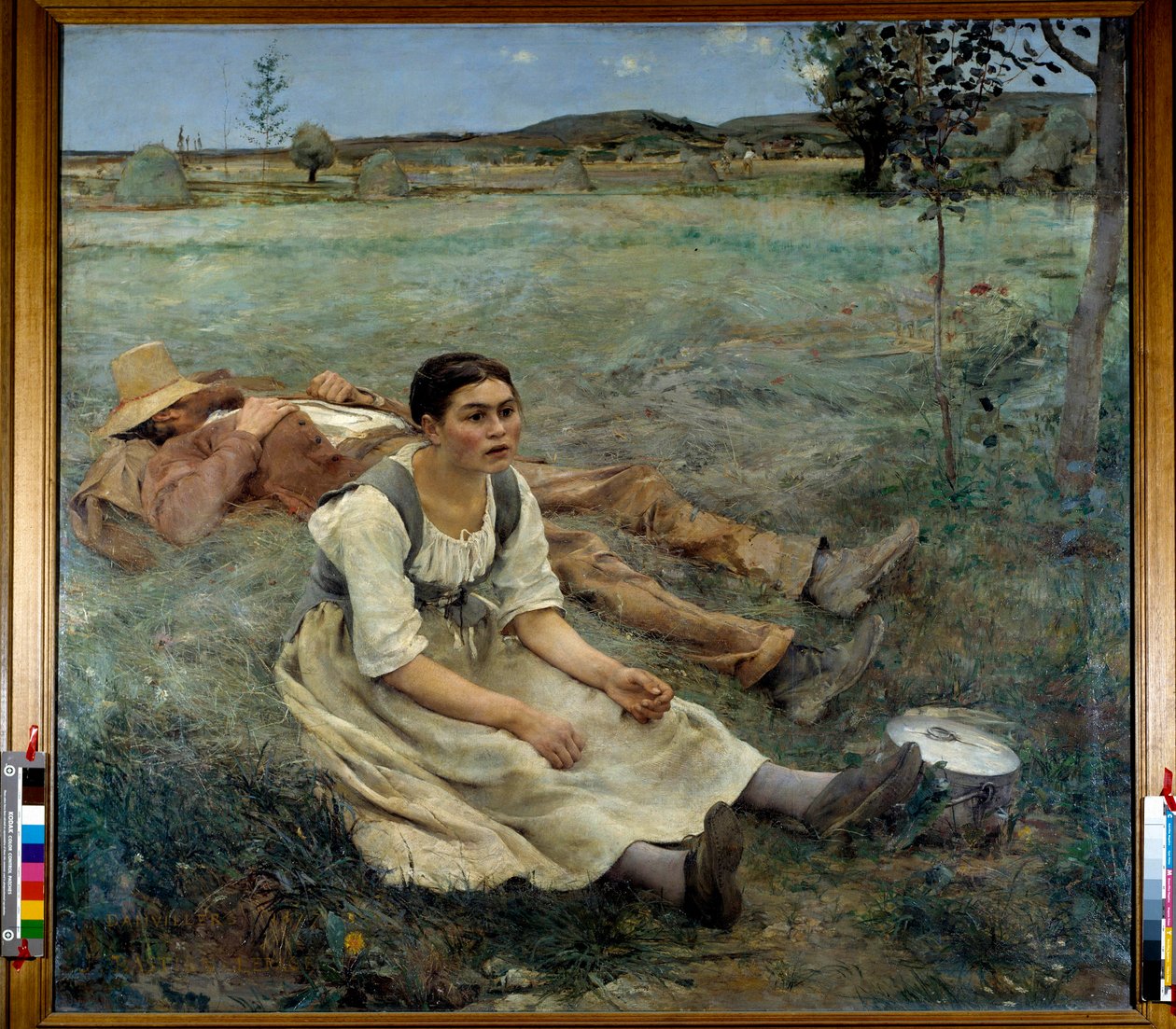 Hø En kvinde, der sidder i græsset ved siden af en mand, der sover i høstsæsonen. Maleri af Jules Bastien Lepage (1848-1884) 1877 søn. 1,80 x 1,95 m af Jules Bastien Lepage