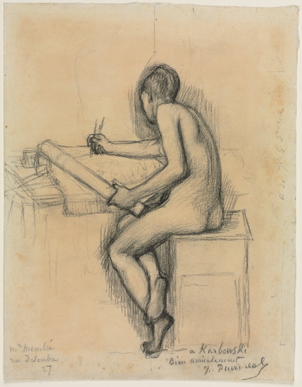 Studie af en siddende nøgen kvindelig modeltegning af Jules Bastien Lepage