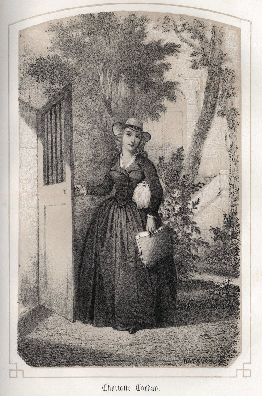 Portræt af Charlotte Corday (1768 - 1793). i ""The illustrious women of France"" af grevinde DROHOJOWSKA. ILLUSTRER AF DRUTTER AF MM JULES OG BAYALOS. omkring 1850. af Jules and Bayalos Aime de David