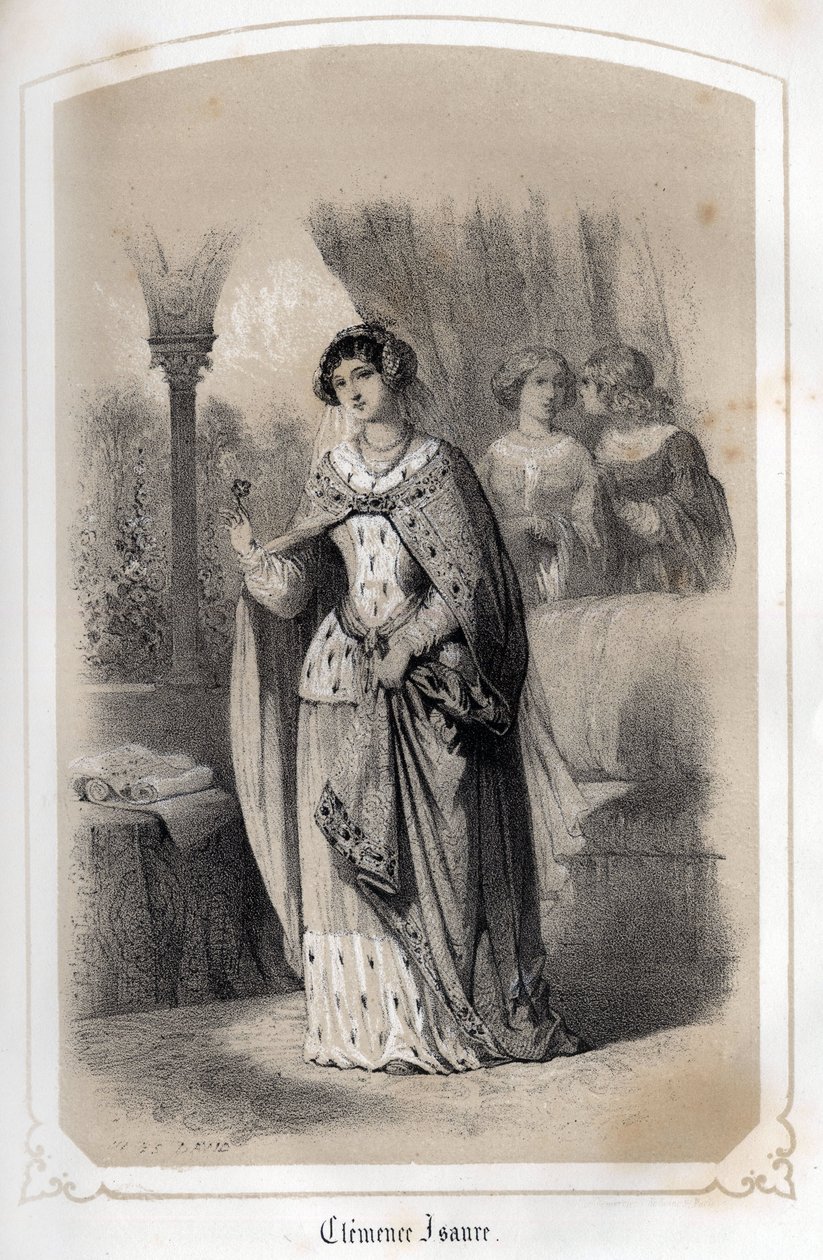 Portræt af Clemence Isaure, Toulouse-dame, der ville have levet i det 14. århundrede. i “Les femmes illustres de la France”” af grevinde DROHOJOWSKA. Illustreret af tegninger af MM JULES OG BAYALOS. omkring 1850. af Jules and Bayalos Aime de David