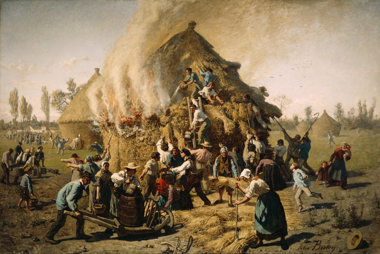 Brand i en høstak, 1856 af Jules Breton
