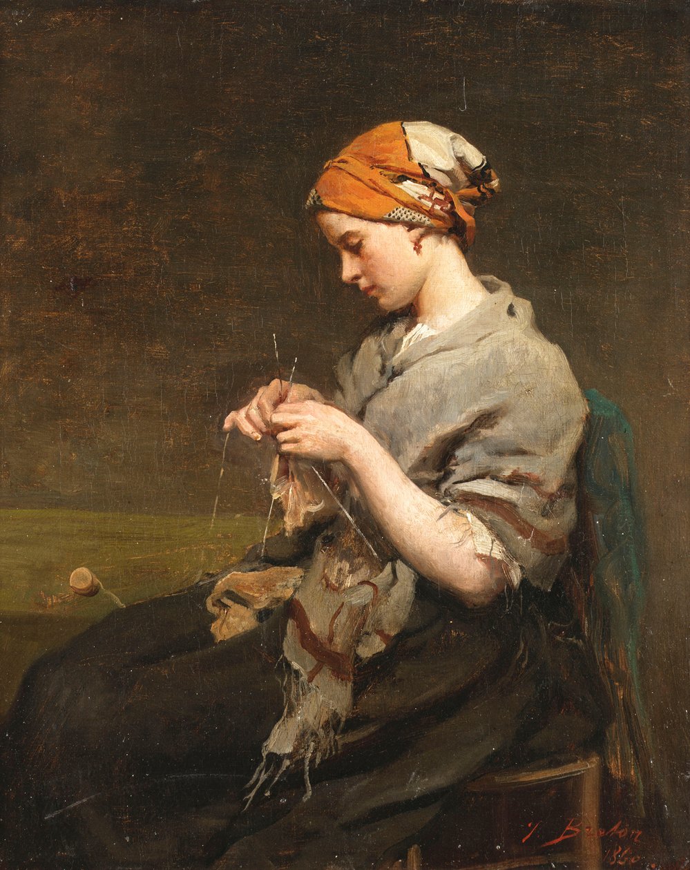 Ung pige strikker af Jules Breton