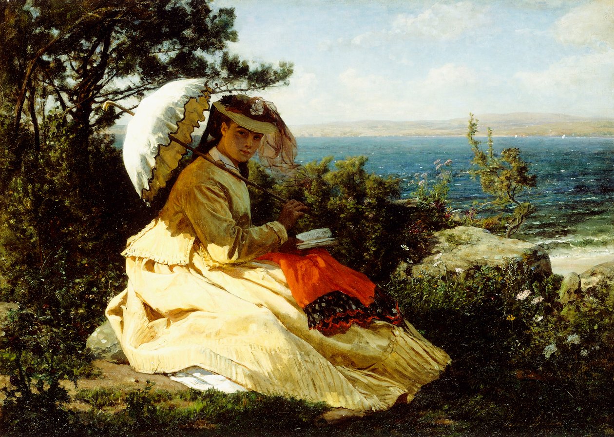 Kvinden med Parasollen; Douarnenez-bugten, 1871 af Jules Breton