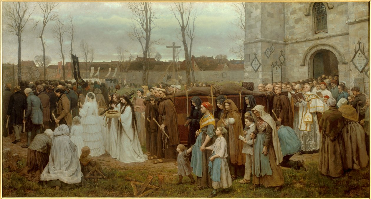 Plantningen af et calvarieoptog foran en bretonsk kirke. Maleri af Jules Breton (1827-1906) 1858 søn. 1,35x2,5 m Lille, musee des Beaux Arts - Opførelse af en Golgata. Procession foran en bretonsk kirke. Maleri af Jules Breton (1827-1906) 1858 af Jules Breton