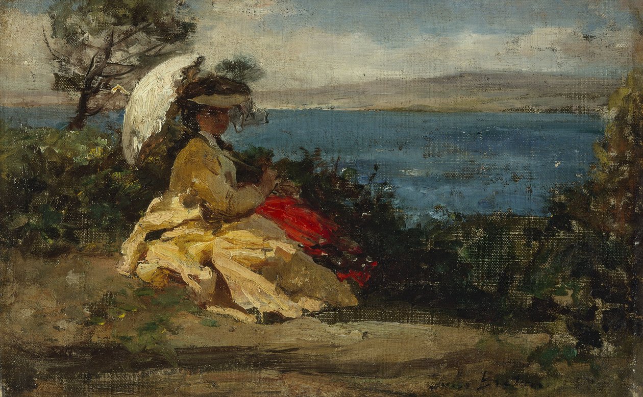Kvinde med parasol, Douarnenez-bugten, mellem 1870 og 1875 (olie på lærred) af Jules Breton