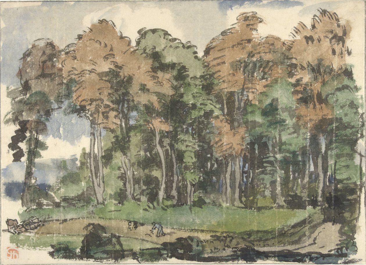 Vej i en skovkant, med bønder på arbejde af Jules Chadel