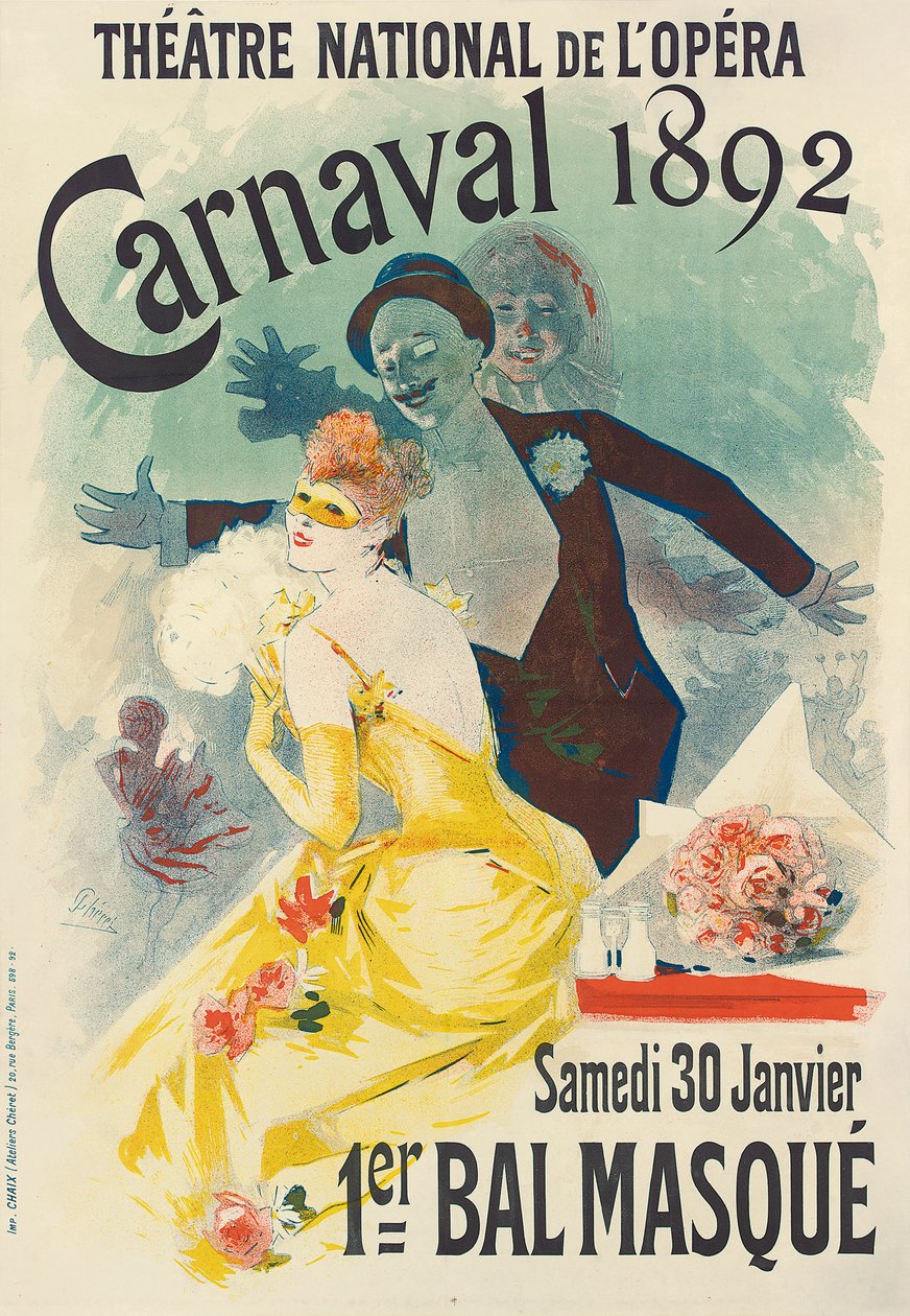 Annonce for det 1. Carnaval maskebal på Theatre National de l"Opera, i 1892, 1892 af Jules Cheret