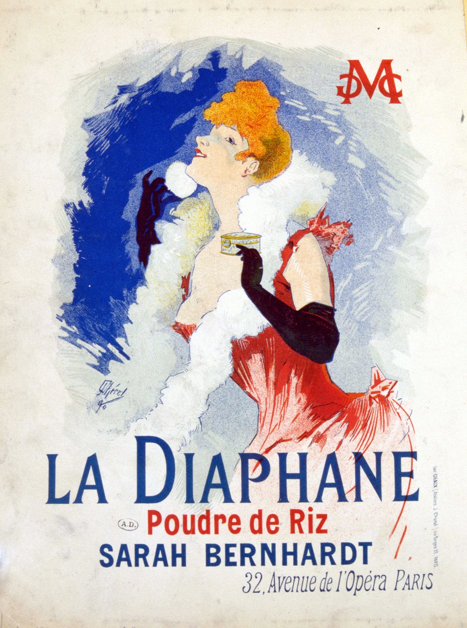 Annoncering for "" La Diaphane: Rice Powder""" Henriette Rosine Bernard dit Sarah Bernhardt af Jules Cheret