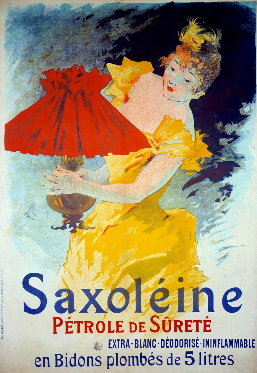 Reklameplakat for produktet "Saxoleine Petrole de surete": En kvinde putter olie i en lampe. Reklameplakat for "Saxoleine", olie til sikkerhedslamper af Jules Cheret (1836-1932) af Jules Cheret
