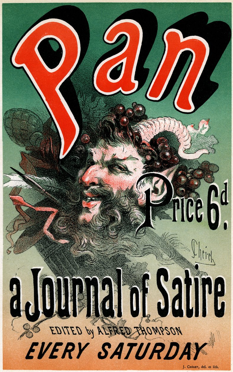 Plakat (1884) for den satiriske avis ""Pan"", redigeret af Alfred Thompson - Illustration af Jules Cheret (1836-1932) - Uddrag fra ""Les maîtres de l