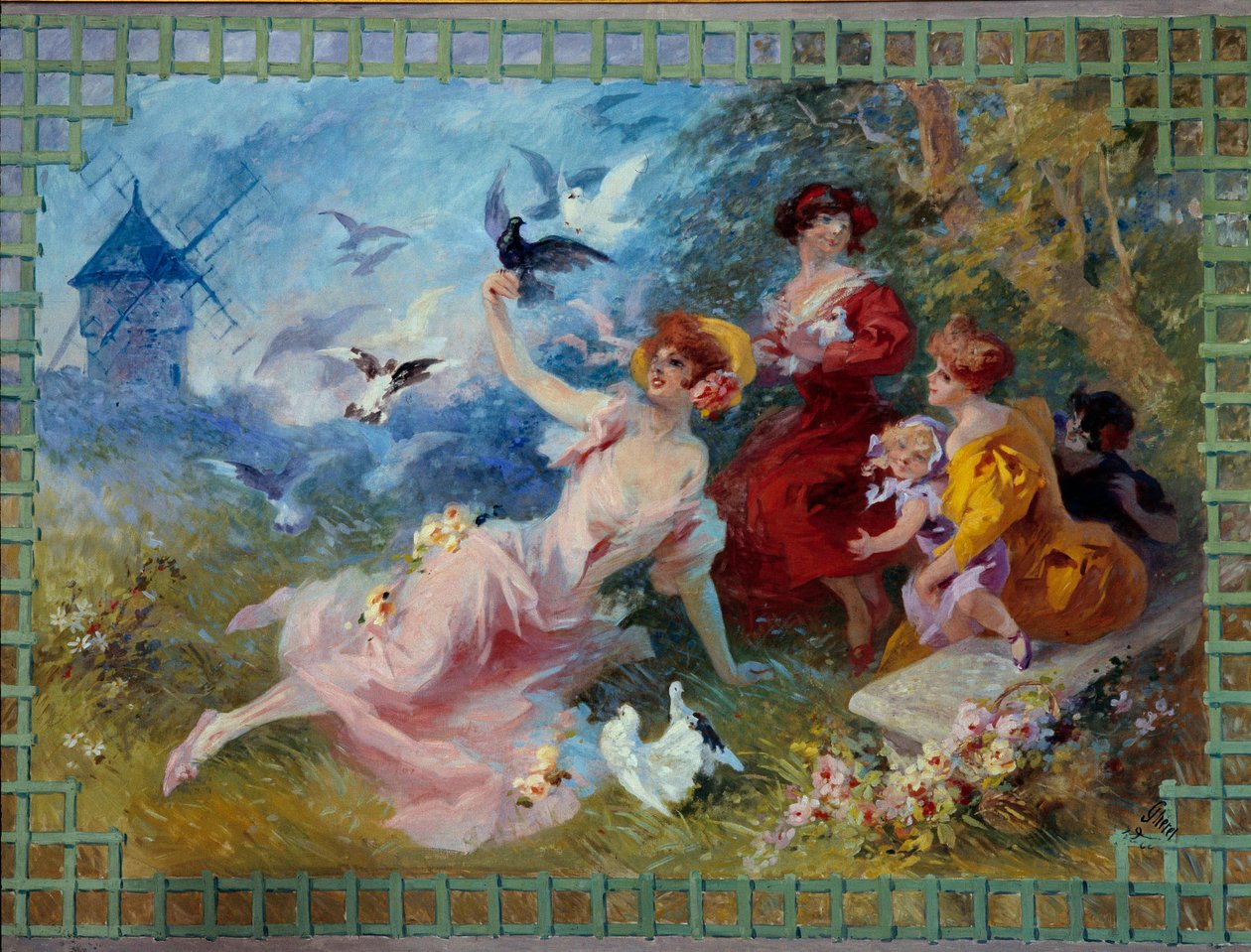 Allegorieluft, der repræsenterer unge kvinder og fugle. Karton til gobelin af Jules Cheret (1836-1932) Nice fra det 20. århundrede, Musee Cheret af Jules Cheret