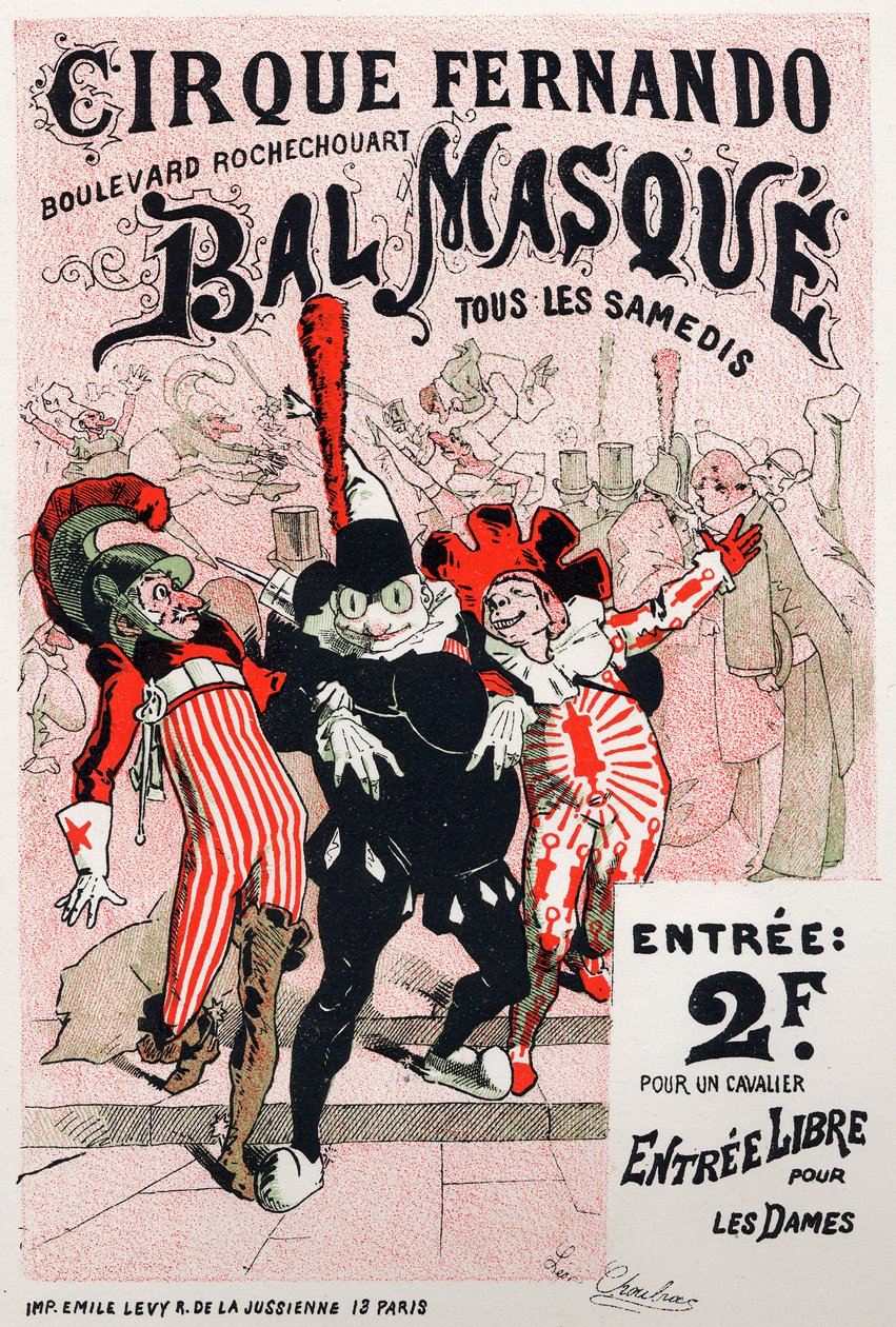 Kunst. Underholdning. Fernando cirkus maskeradebal, Paris. Plakat af Jules Cheret, Frankrig, ca. 1870-80 (plakat) af Jules Cheret