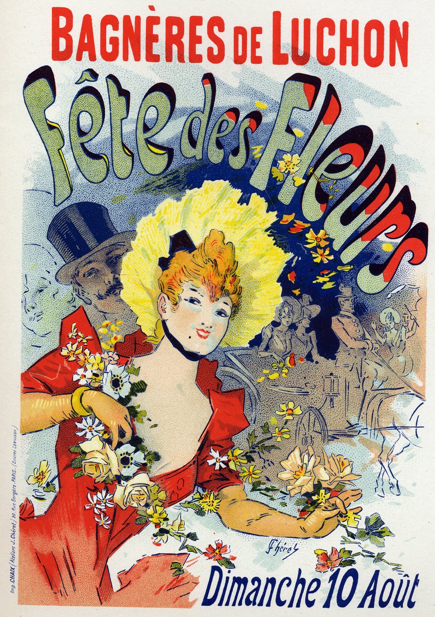 Kunst. Underholdning. Blomsterfest i Bagneres de Luchon. Plakat af Jules Cheret, Frankrig, ca. 1895 (plakat) af Jules Cheret