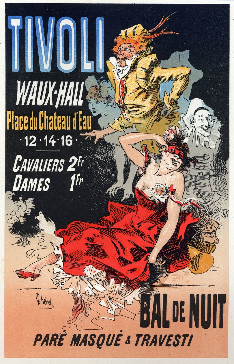 Kunst. Underholdning. Maskeradebal i Tivoli Waux Hall, Paris. Plakat af Jules Cheret, Frankrig, ca. 1870 (plakat) af Jules Cheret