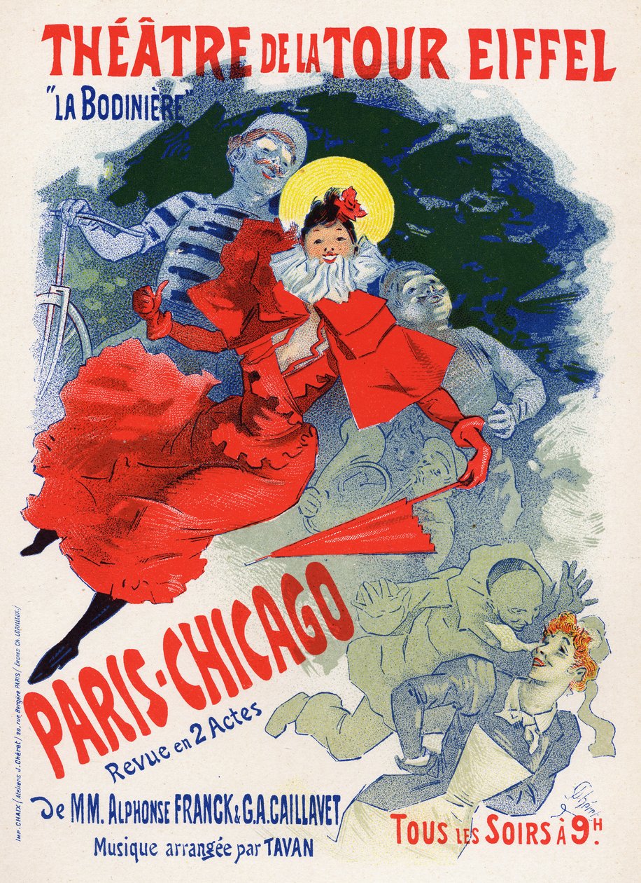 Kunst. Underholdning. Paris Chicago, varieté i Theatre de la Tour Eiffel. Plakat af Jules Cheret, Frankrig, ca. 1890 (plakat) af Jules Cheret