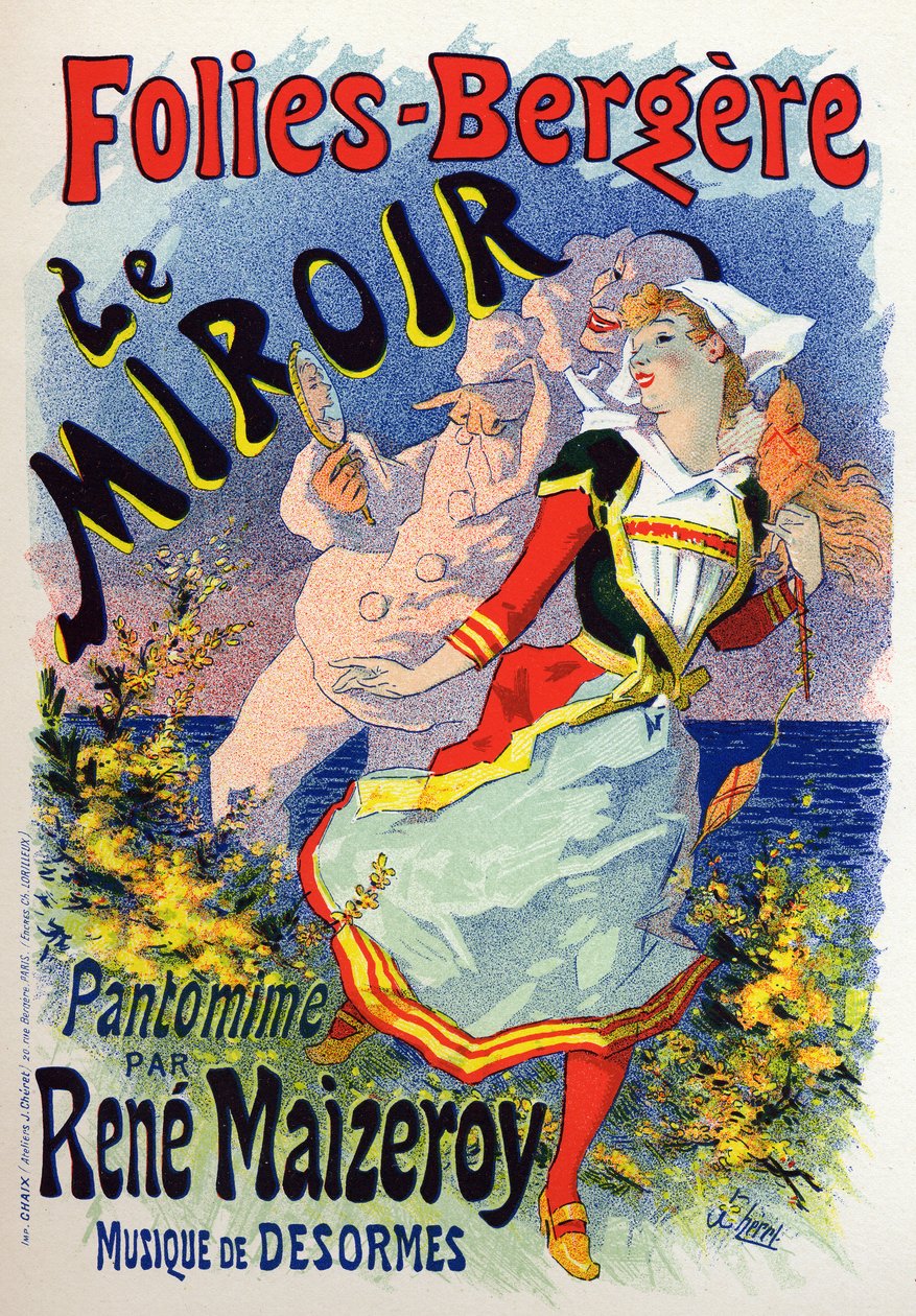 Kunst. Underholdning. Spejlet, mimeshowet på kabareten Les Folies Bergeres, Paris. Plakat af Jules Cheret, Frankrig, ca. 1890 (plakat) af Jules Cheret