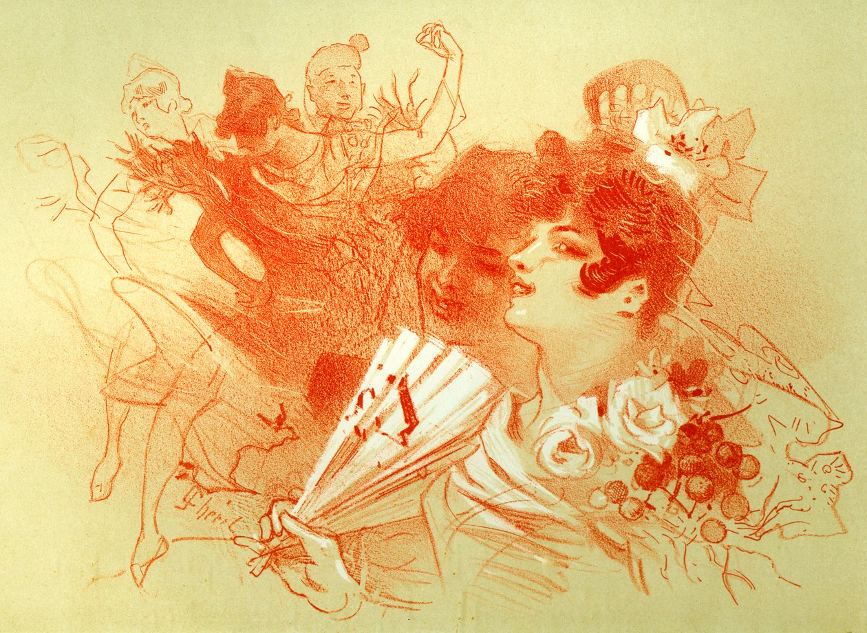 Ved bal - tegning (sanguine) af Jules Cheret (1836 - 1932) - unge kvinder og dansere - dans - privat samling - af Jules Cheret
