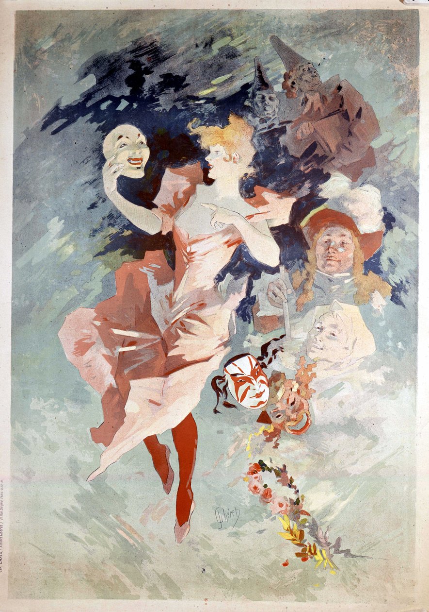 Karnevalsplakat af Jules Cheret: kvinde med maske, B.N. Paris. 19. århundrede. af Jules Cheret