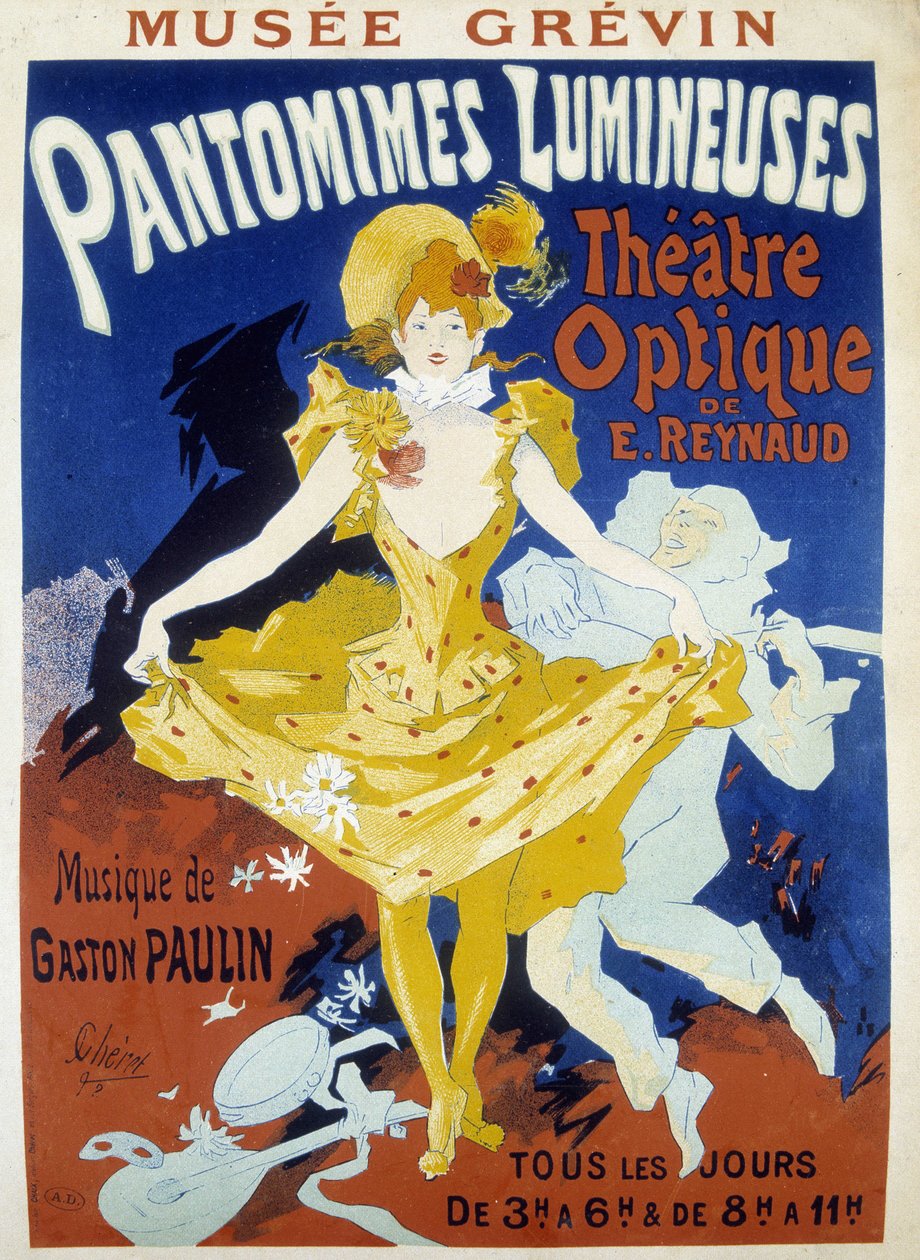 Danser og musiker - plakat for de lysende pantomimer af Reynaud og Paulin på Grévin-museet af Jules Cheret, slutningen af det 19. århundrede af Jules Cheret