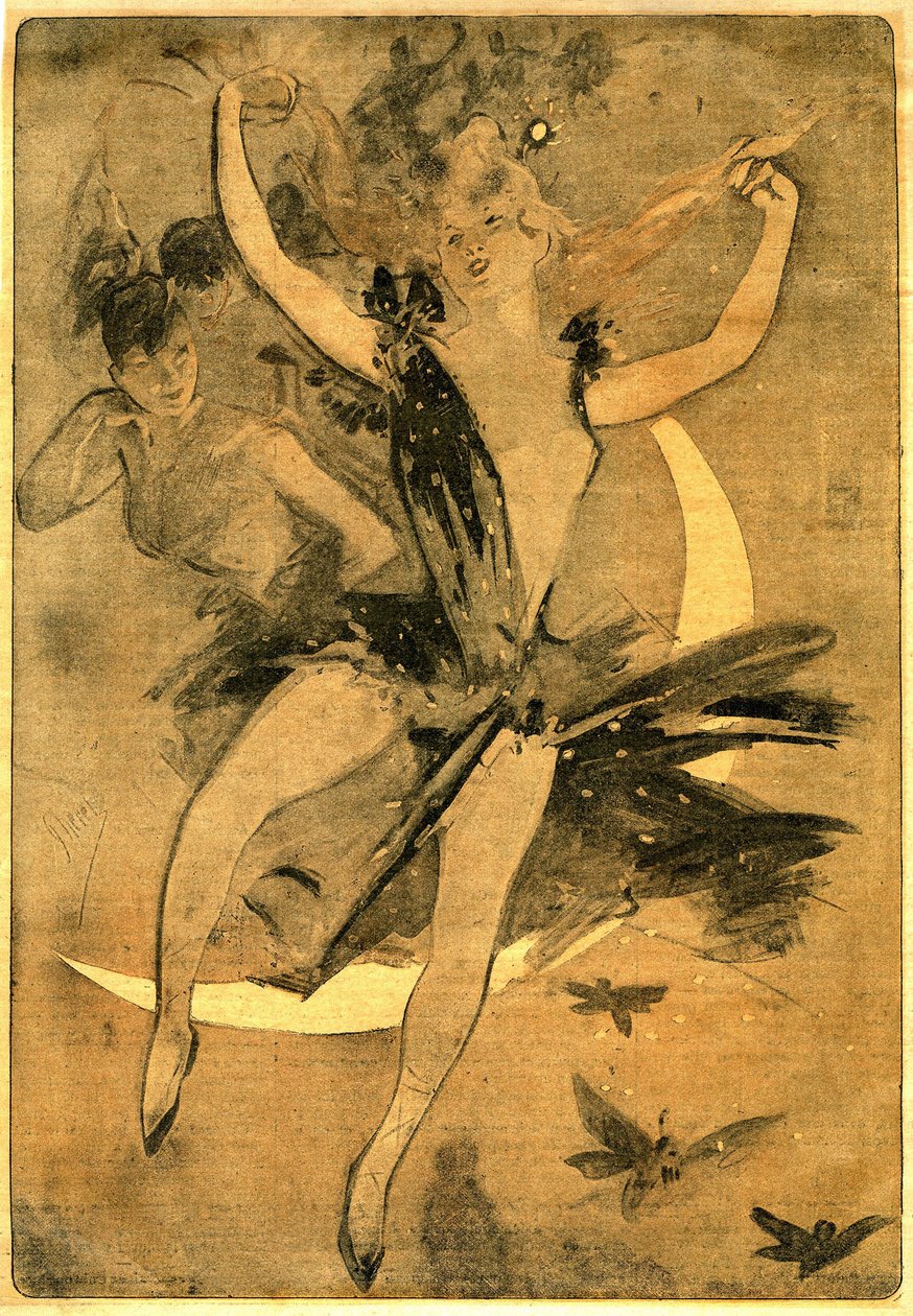 Tegning af Jules Cheret, der illustrerer "" Lulu"" af Felicien Champsaur, roman og pantomime i én akt (1900), der iscenesætter en klovnedanser. "Lulu"" betragtes som et af de bedste eksempler på, hvad der i Frankrig er blevet kaldt "cirkuslitteraturen". af Jules Cheret