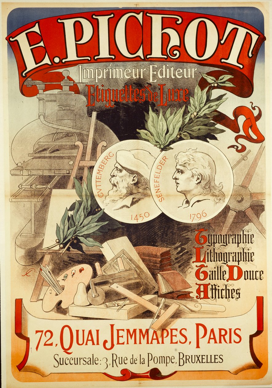E.PICHOT/Drucker Herausgeber/ Luxus-Etiketten/ Typografie/ Lithografie/ Tiefdruck/ Plakate/ 72,QUAI JEMMAPES,PARIS af Jules Cheret