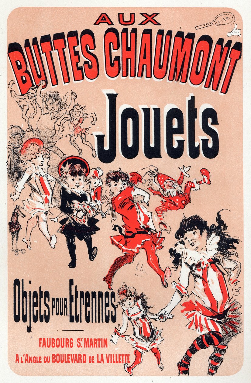 Økonomi. Aux Buttes Chaumont, legetøjsbutik i Paris. Plakat af Jules Cheret, Frankrig, ca. 1880 (plakat) af Jules Cheret