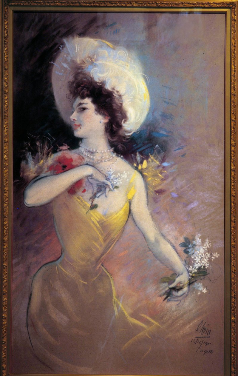 Fagette Ung kvinde med hat og buket blomster. Maleri af Jules Cheret (1836-1932) 1900. Nice, Musee Cheret af Jules Cheret