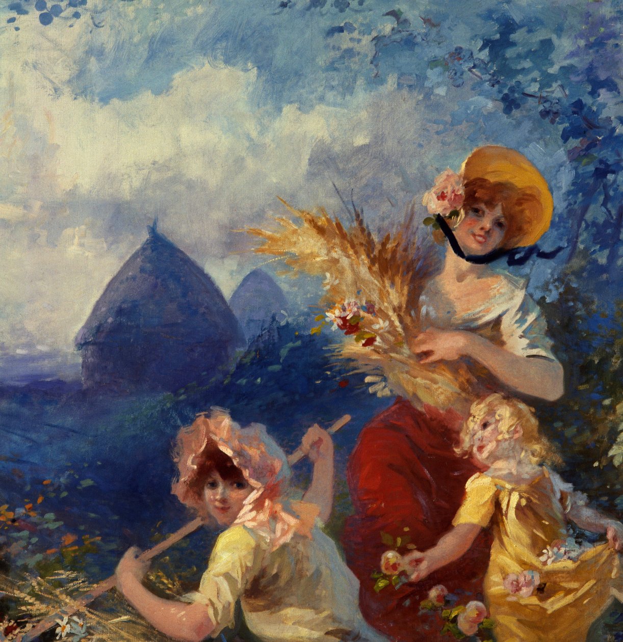 La Terre Allegorie, der repræsenterer unge kvinder, der holder hvedestøvler på baggrund af høst. Detalje. Karton til gobelin af Jules Cheret (1836-1932) Nice fra det 20. århundrede, Musee Cheret af Jules Cheret
