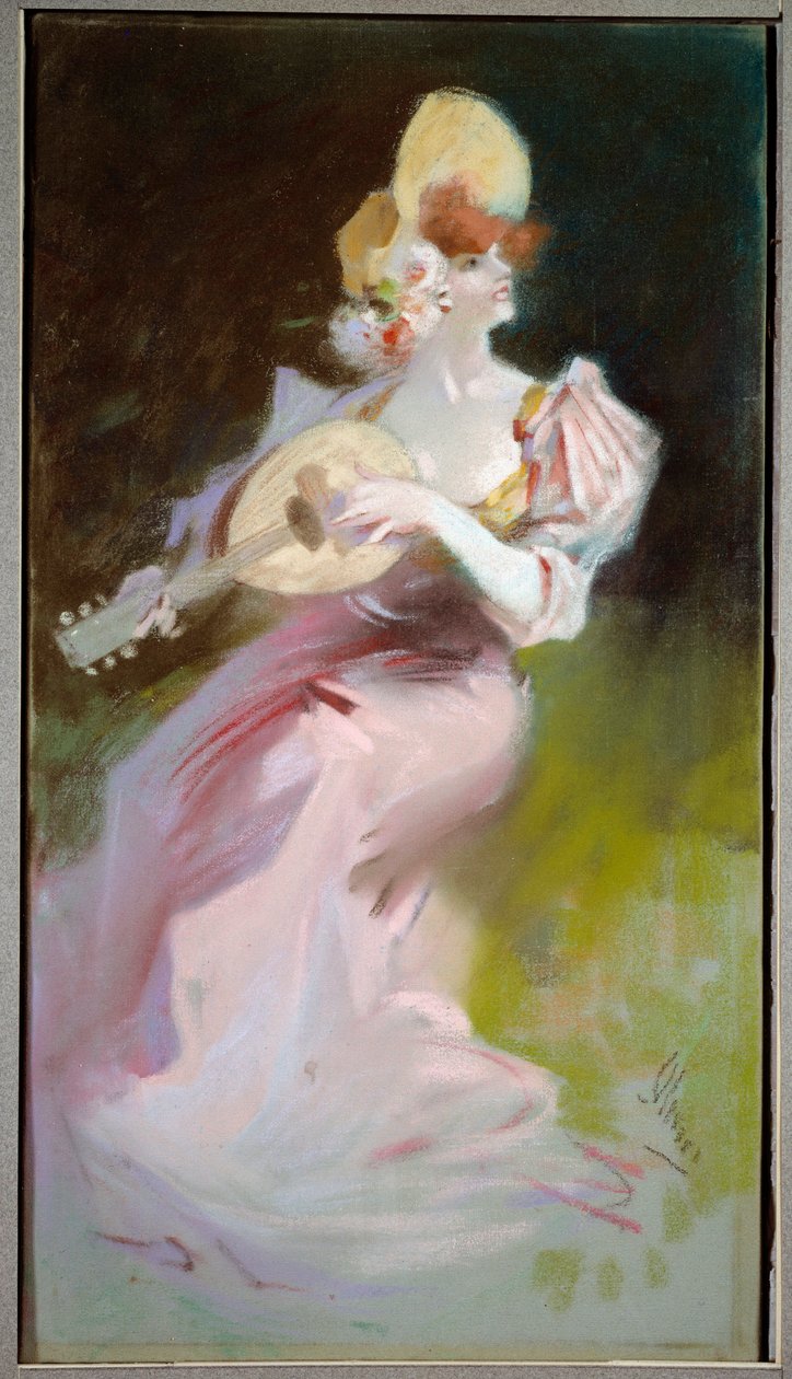 Kvinden med en mandolin Maleri af Jules Cheret (1836-1932) 20. århundrede Chalons sur Marne, Museum of Fine Arts. af Jules Cheret