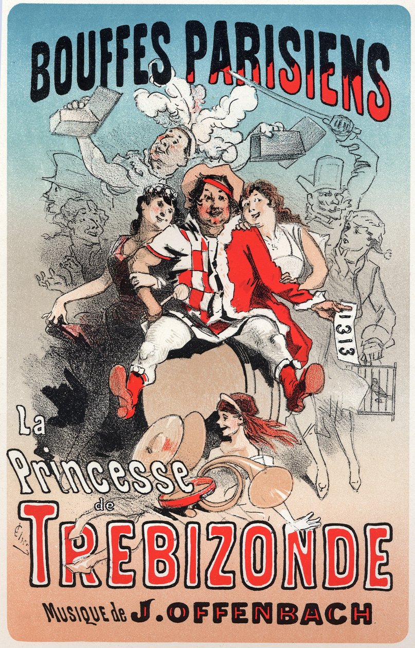Musik. Prinsessen af Trebizonde, operette af Jacques Offenbach. Plakat af Jules Cheret til den første udstilling af Bouffes Parisiens, Paris, Frankrig af Jules Cheret