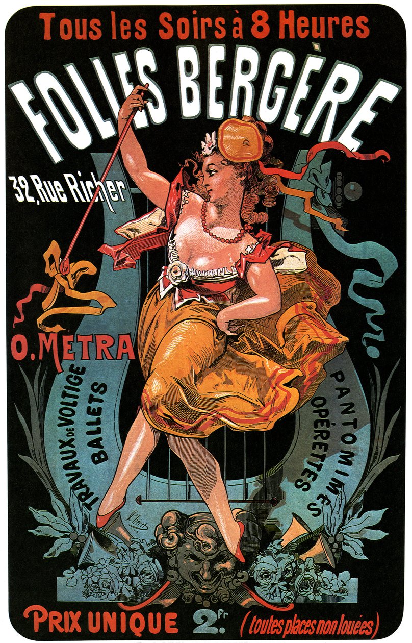 Plakat for Folies-Bergere 1874 af Jules Cheret (1836-1932) - kunstflyvning, balletter, pantomimer, operetter, dans, danser, music hall (music hall), Gay Paris, Paris by night - af Jules Cheret