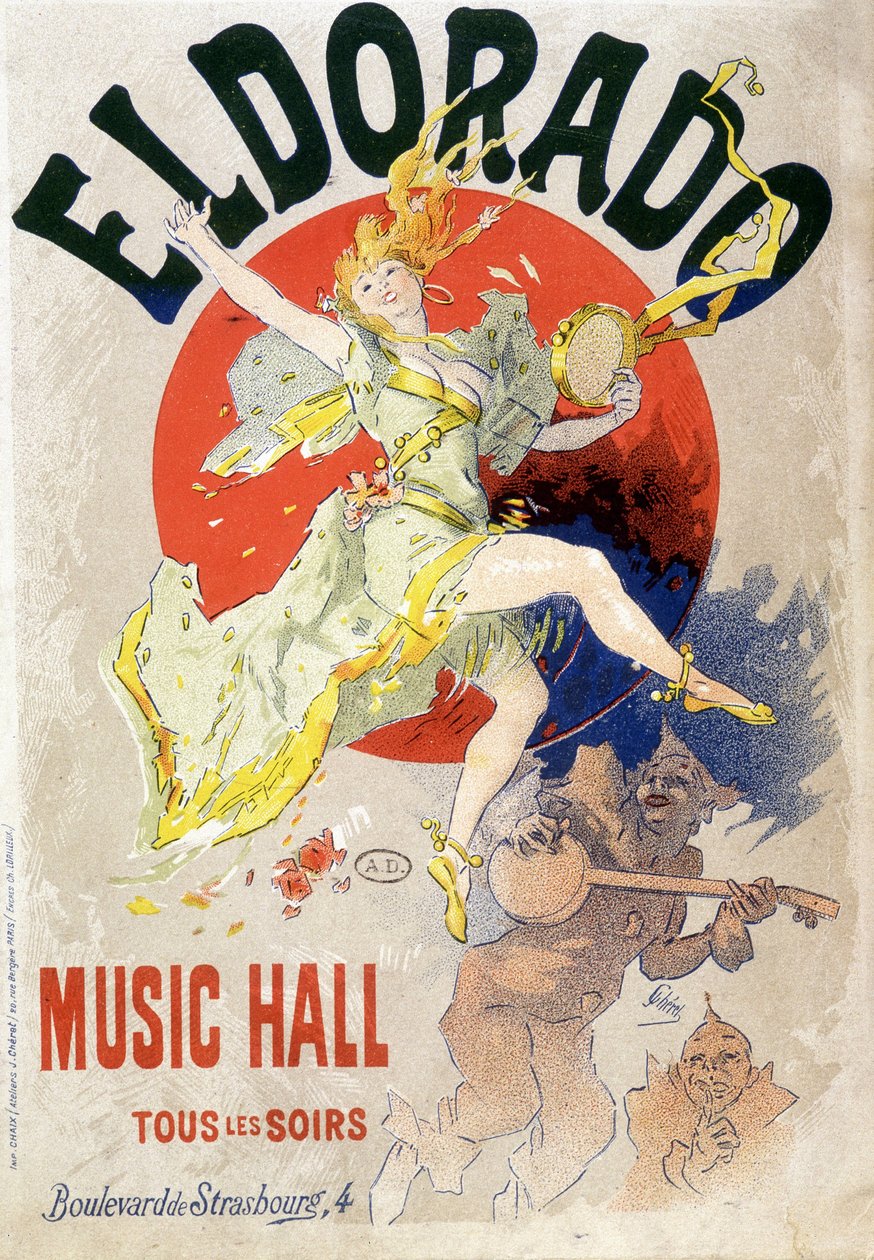 Plakat for Music Hall planlagt hver aften i Eldorado Theatre, boulevard de Strasbourg i Paris. Omkring 1900 (litografi) af Jules Cheret