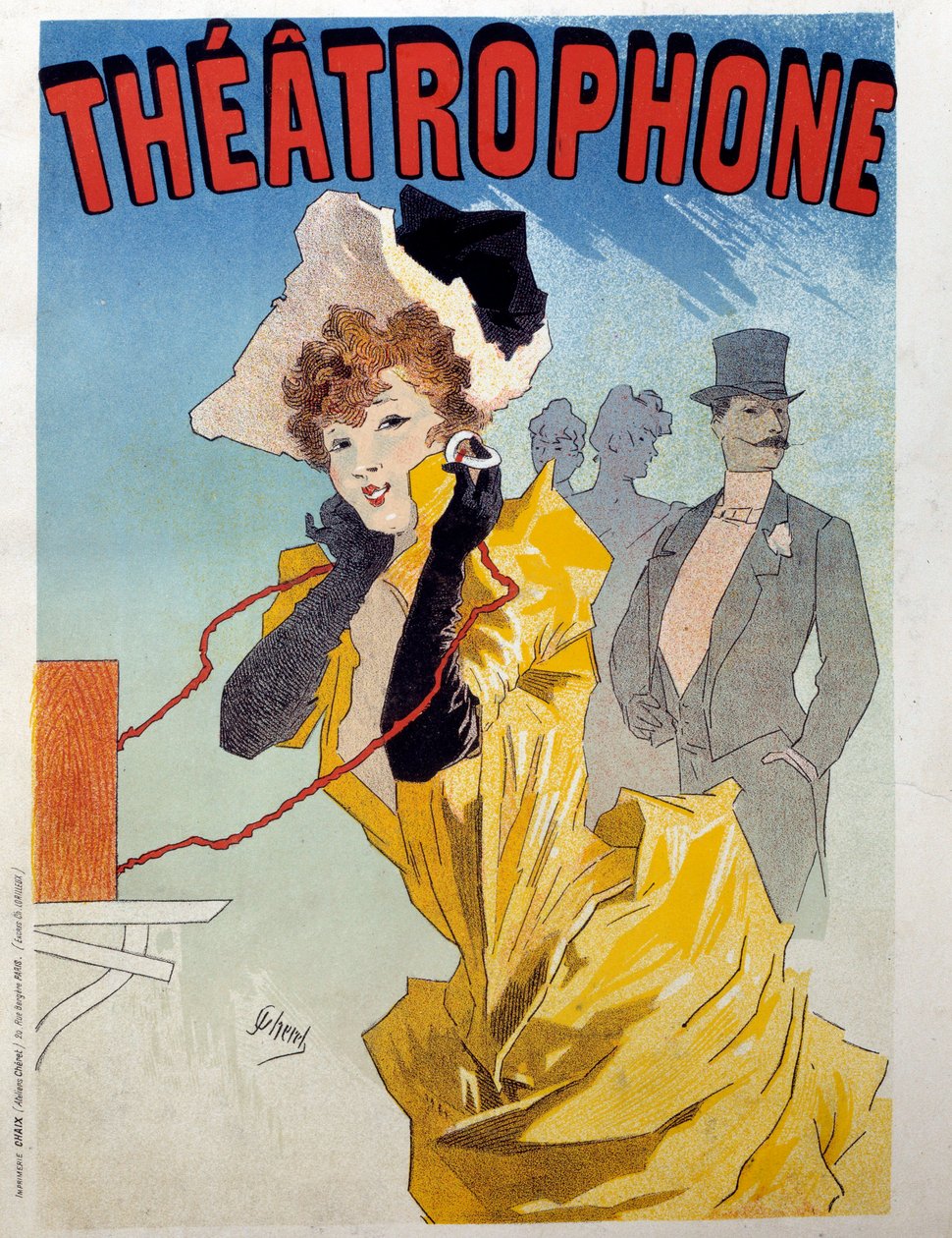 Plakat til teatrofonen: en ung elegant lytter til et stykke teater for lytterne. Illustration af Jules Cheret (1836-1932) Paris fra det 19. århundrede, dekorativ kunst af Jules Cheret