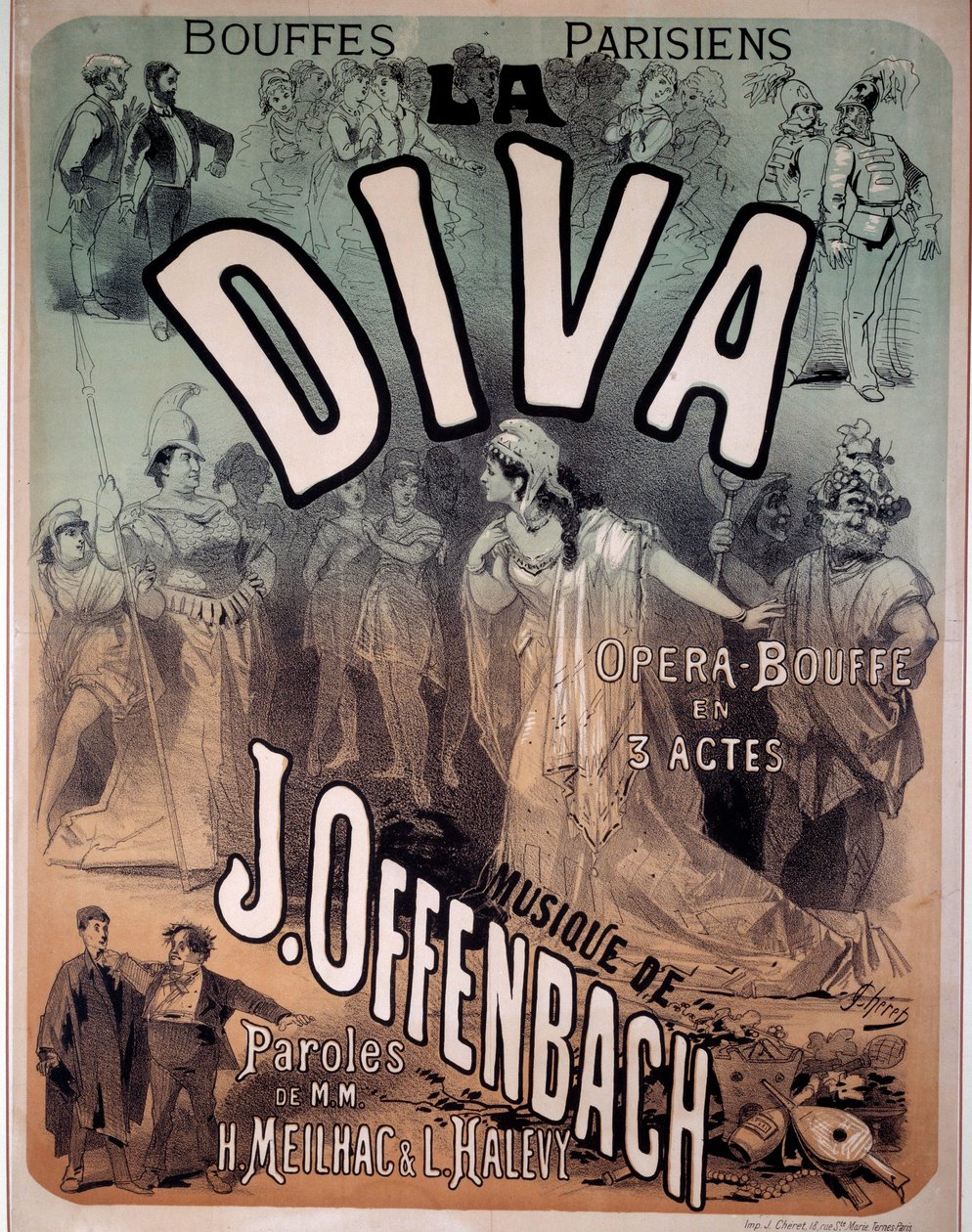 Plakat for operetten "Diva" med musik af Jacques Offenbach (1819-1880) på de parisiske Bouffes af Jules Cheret