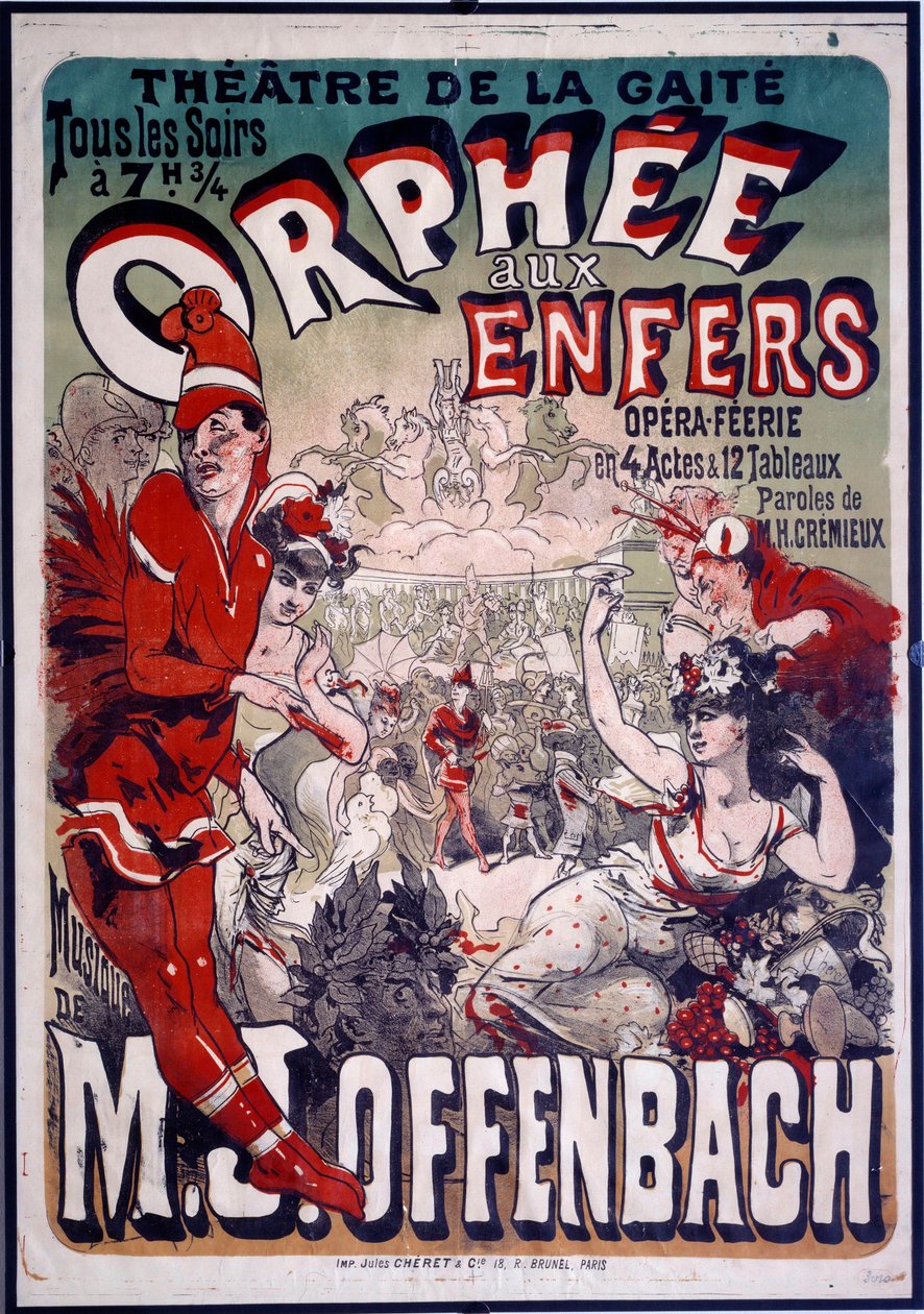 Plakat for operetten "" Orphee aux Envers"" sat i musik af Jacques Offenbach (1819-1890) i Theatre de la Gaite i Paris. Illustration af Jules Cheret (1836-1932) 1874. af Jules Cheret