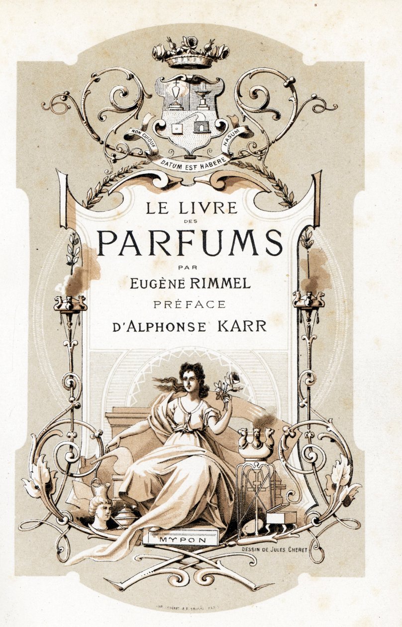 Titelblad med et våbenskjold og en kvinde, der holder en rose, siddende på en trone - Illustration af Jules Cheret (1836-1932) fra Le Livre des Parfums af Eugene Rimmel (1820-1887), Frankrig af Jules Cheret
