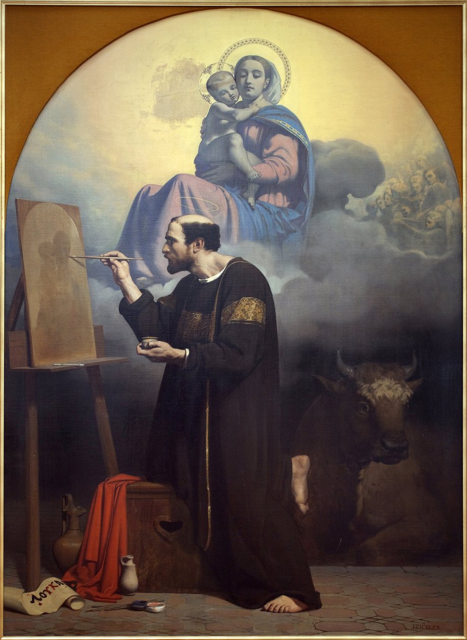 Sankt Lukas maler jomfruen. Sankt Lukas syn. Maleri af Jules Claude Ziegler (1804-1856), olie på lærred af Jules Claude Ziegler