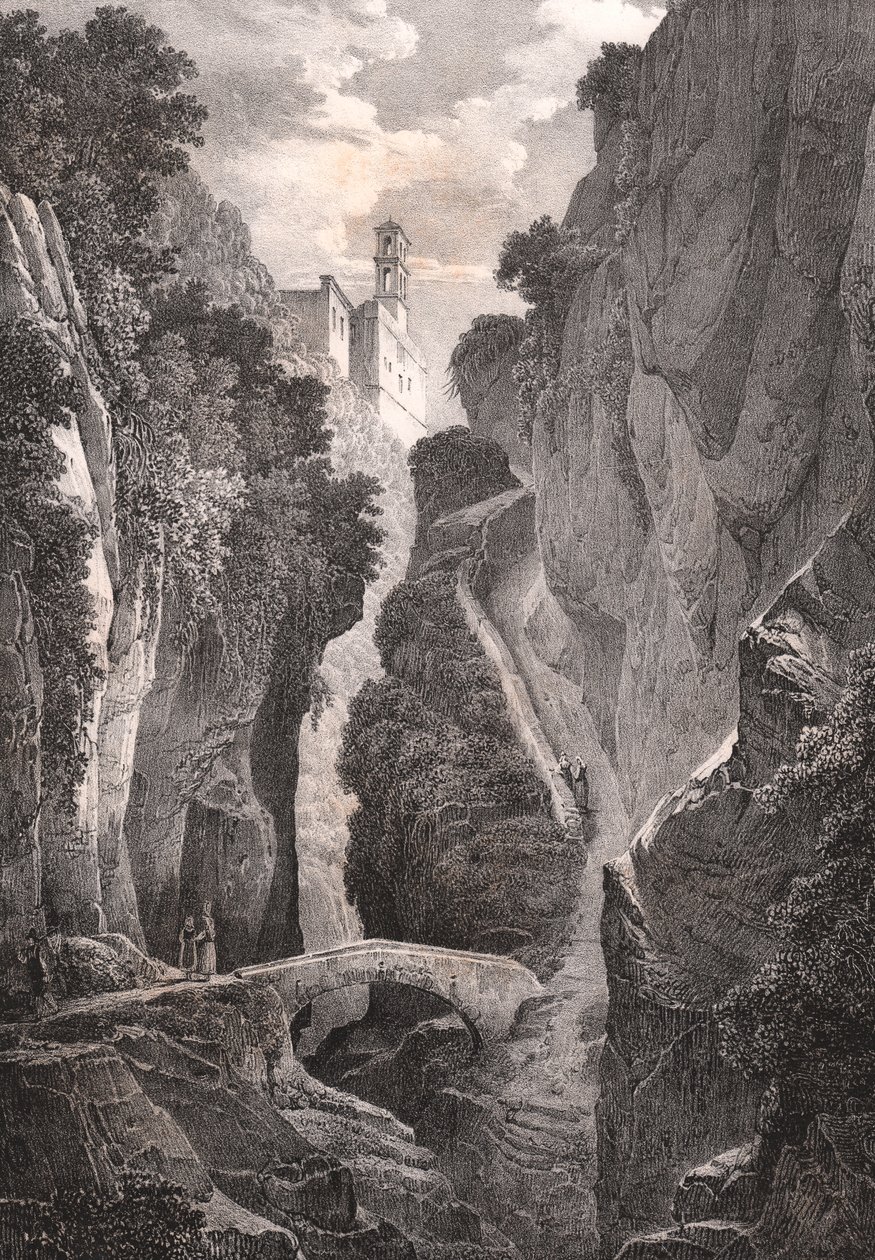 Valley of Mills i Sorrento, Campania, Italien, litografi af Villeneuve efter tegning af Jules Coignet (1798-1860), 21,5x34,5 cm af Jules Coignet