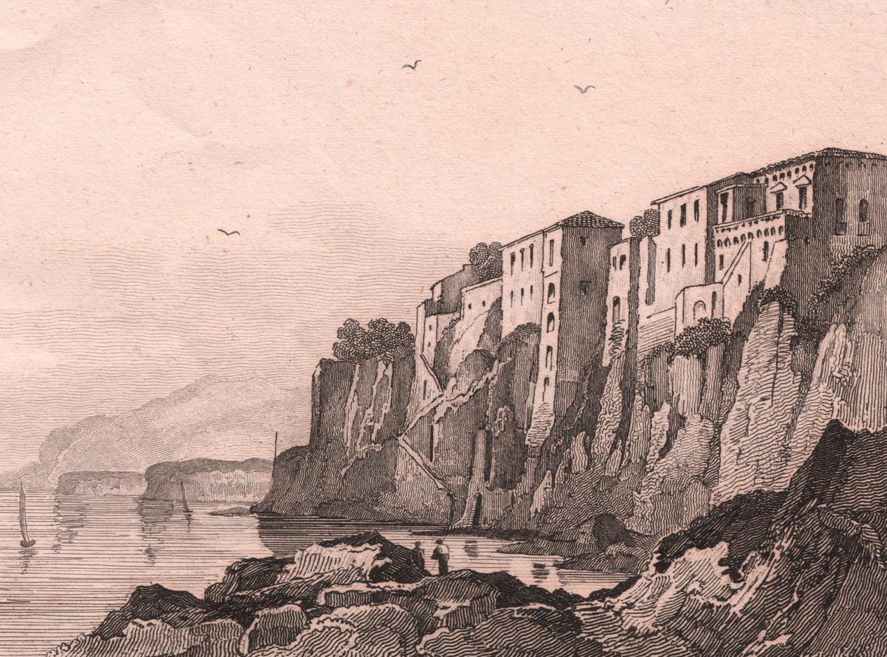 Udsigt over Sorrento med Torquato Tassos hus, Campania, Italien, stålstik af Sauvage efter tegning af Jules Coignet (1798-1860), ca 13x10 cm af Jules Coignet