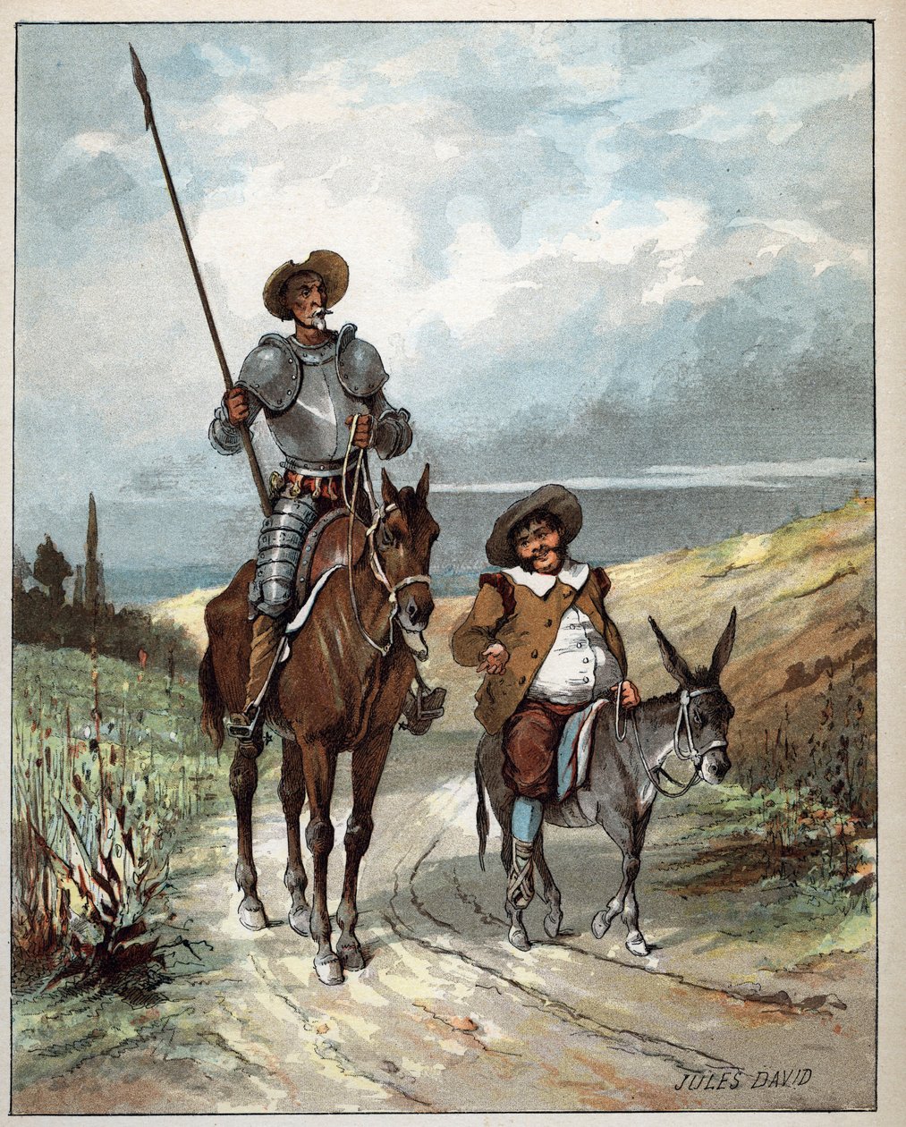 Don Quixote og Sancho Panza - Illustration af Jules David (1808-1892) fra Don Quixotes historie (Don Quixote) - 1887 - af Miguel de Cervantes Saavedra (1547-1616) - af Jules David