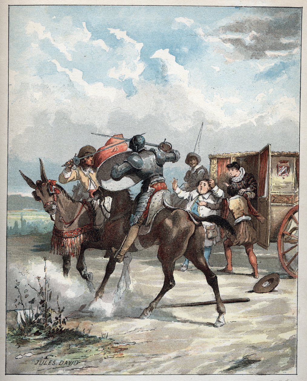 Don Quixote angriber sin fjende - Don Quixote, på sin hest udfælder sin fjende - Illustration af Jules David (1808-1892) fra Histoire de Don Quixote (Don Quixote) - 1887 - af Miguel de Cervantes Saavedra (1547-1616) - af Jules David