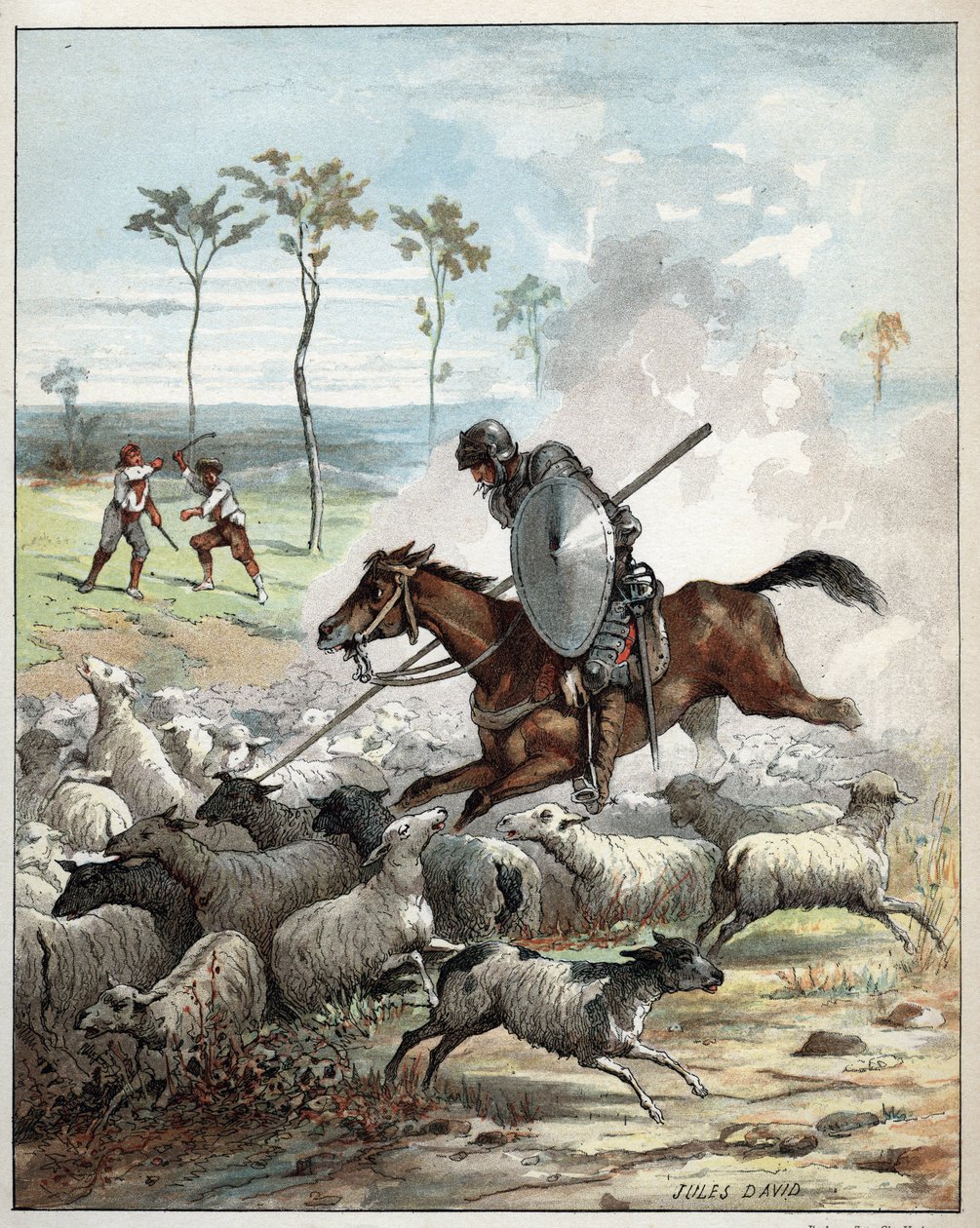 Don Quixote dræber får og troede, de var riddere - Don Quijote på sin hest gennemborer fårene, han tager for riddere - Illustration af Jules David (1808-1892) fra Histoire de Don Quixote (Don Quixote) - 1887 - af Miguel de Cervantes Saavedra (1547) -1616) af Jules David