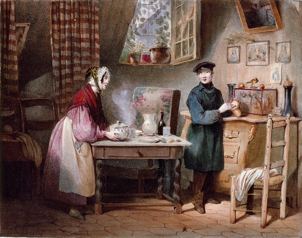 Økonomi. Ungt par i et hus: kvinden putter en tår på bordet, og manden putter en mønt i en sparegris. Farvegravering af Jules David (1800-tallet) Paris, Musee Carnavalet af Jules David
