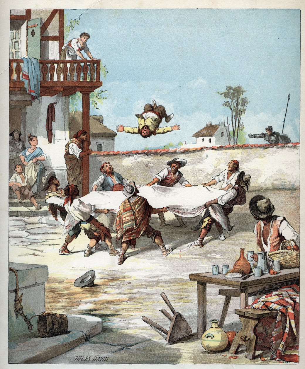 I kroen Sancho Panza er mandskabt, han kalder sin herres Don Quixote for at hjælpe ham - På hotellet laver des gaillards voltiger Sancho Panza med et tæppe, Sancho ringer for at hjælpe sin herre Don Quixote - Illustration af Jules David (1808-1892) fra His af Jules David