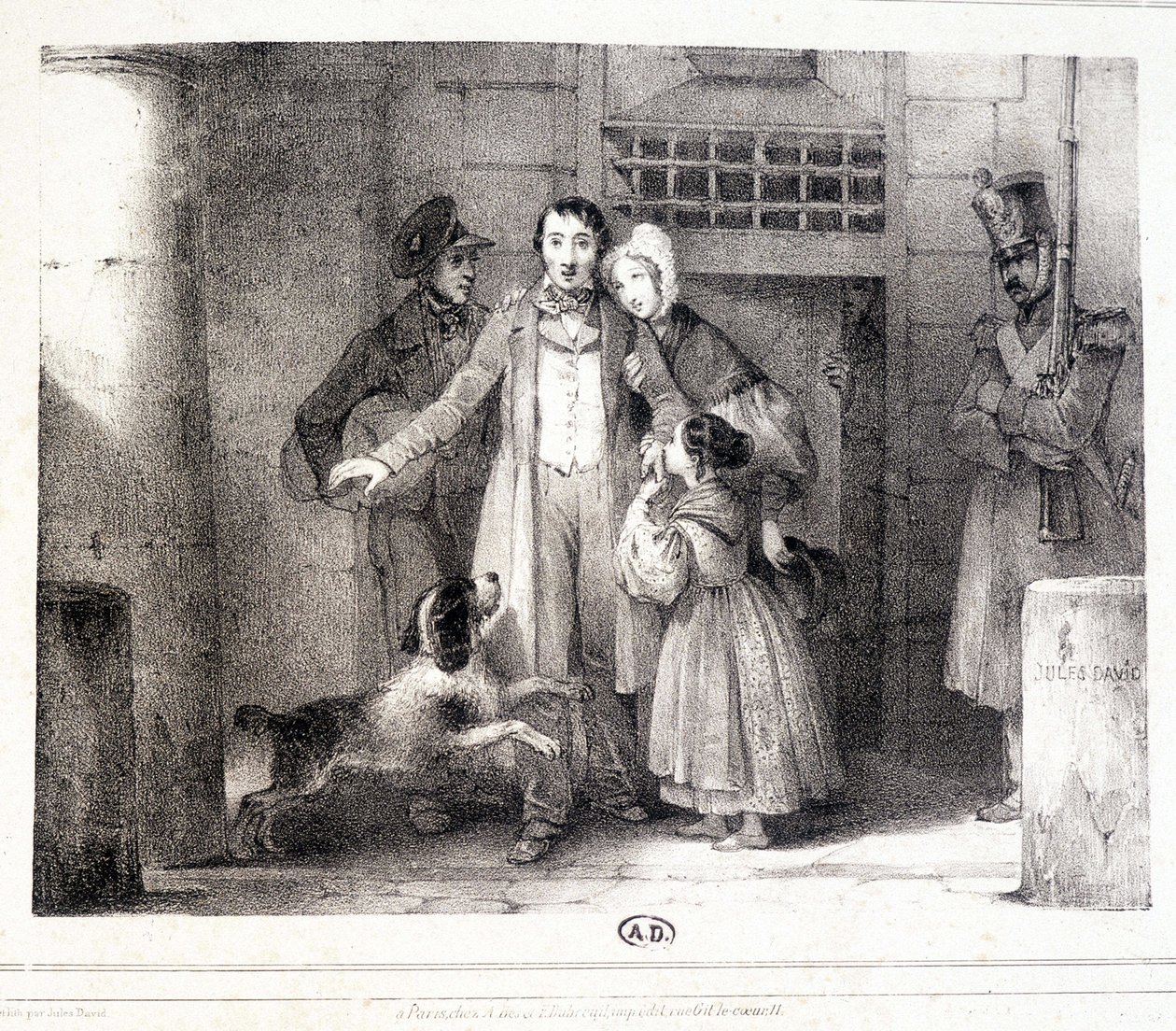 Mand, der forlader fængslet og genforenet med sin familie, ca. 1830. af Jules David